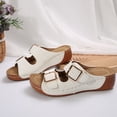 thumbnail image 4 of Modisza Womens Low Wedge Sandals Dressy Platform Open Toe Slides with Double Buckles Strap Casual Walking Slip on Summer Shoes White 9, 4 of 6