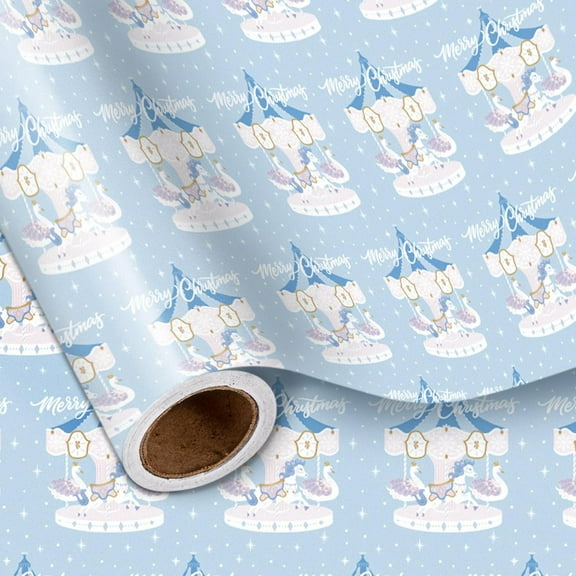 Christmas Unicorn Carousel Wrapping Paper Roll for Girls Kids, Light Blue Merry-go-round & Merry Christmas Text, for Festive Winter Holiday, Family Gathering, Mini Roll 17 in x 16.4 Ft