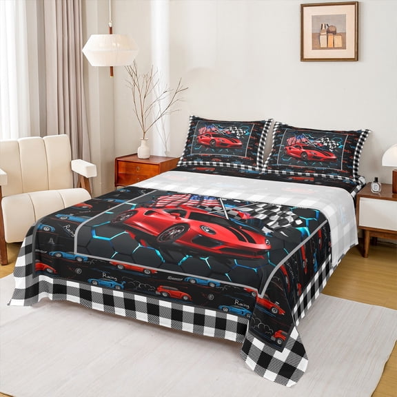 Homewish Red Sport Car Twin Sheet Sets 3pcs for Kids Children Teens,USA Flag Twin Fitted Sheet Microfiber,Geometric Plaid Honeycomb Breathable Flat Sheet,Lightweight Room Decor