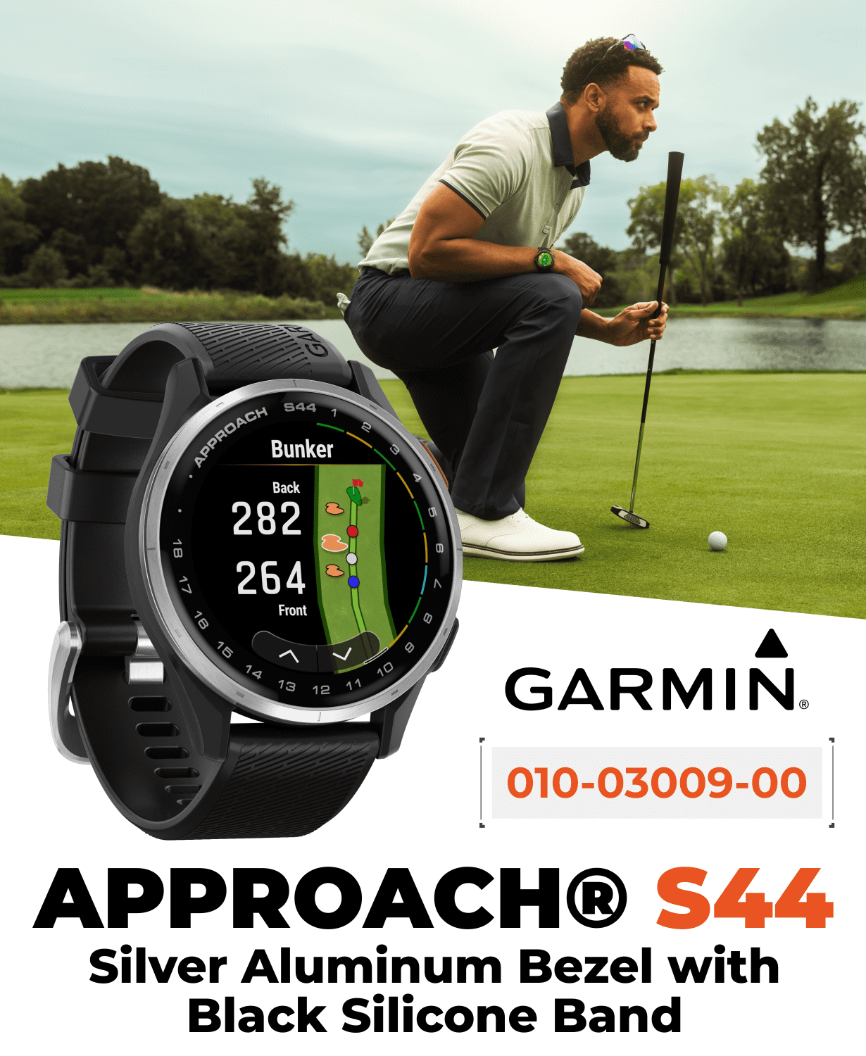 Garmin Approach S44 Golf GPS Smartwatch Silver Aluminum Bezel with Black Silicone Band with Wearable4U Power Bank Bundle