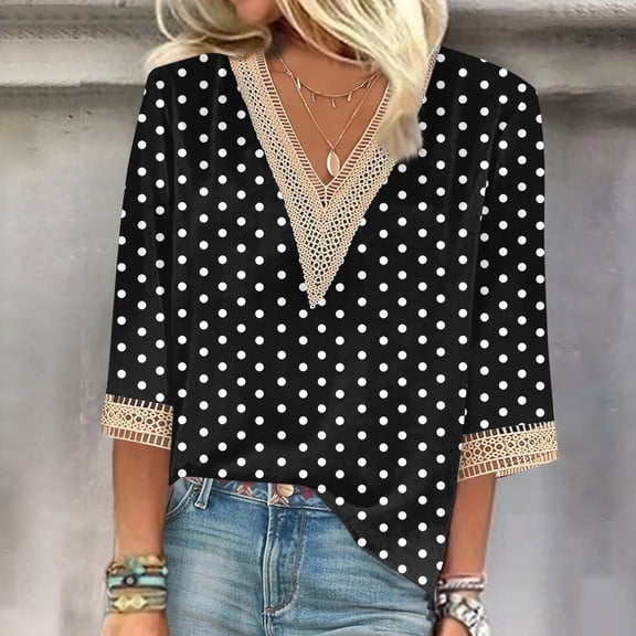 Sokhug Womens Summer Tops 2026 Dressy Casual Lace V Neck 3/4 Sleeve Shirts Trendy Printed Crochet Blouses Cute Boho Outfits