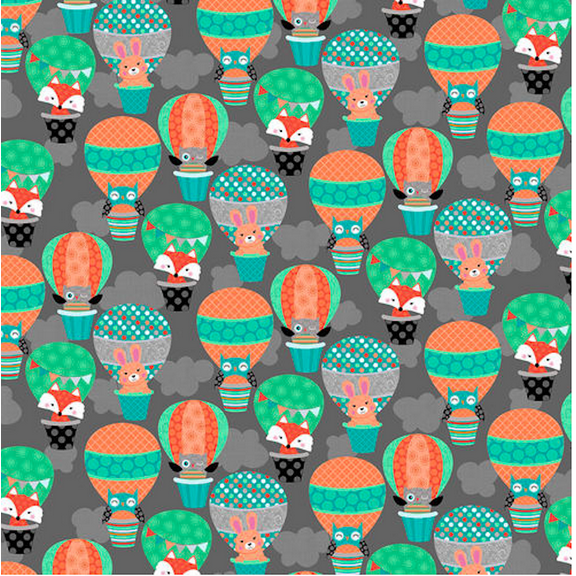 Studio e Owl's Woodland Adventure 5073-96 Owls in Hot Air Balloons Dk Gray Cotton Fabric By Yard