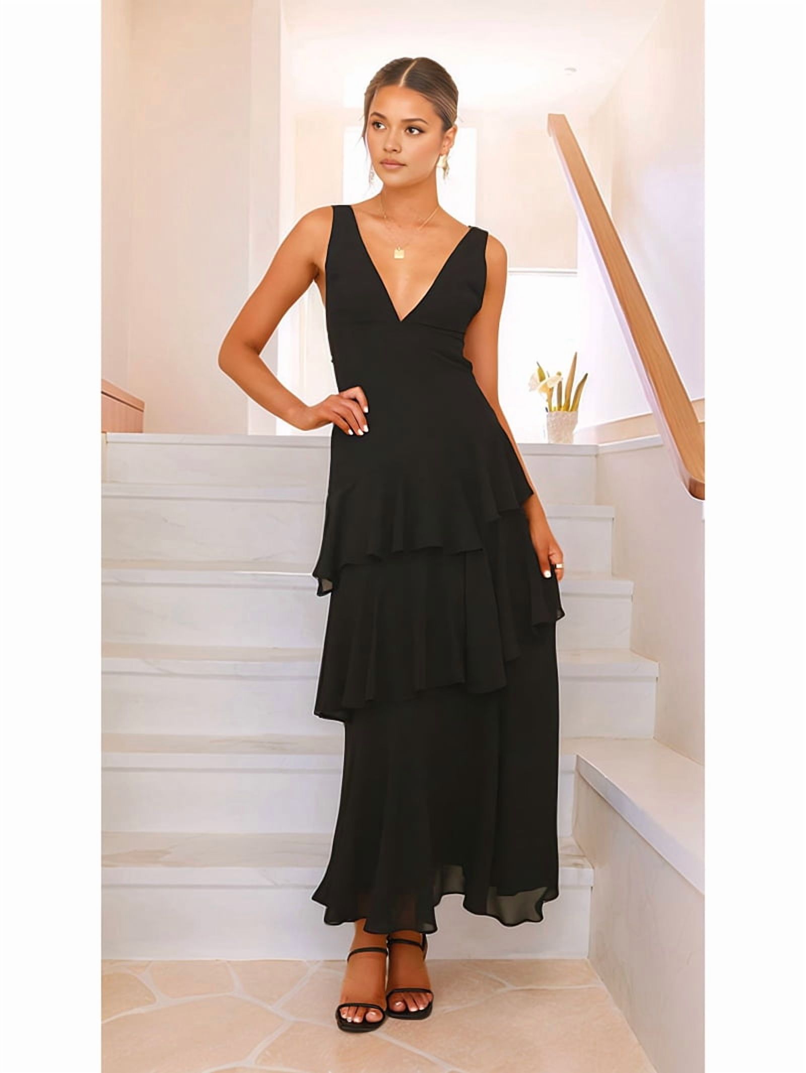 Tiered Chiffon Bridesmaid Dresses for Women Ruffle Formal Evening Dresses Long with Pleated Black L