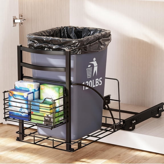 Housolution Under Sink Trash Can Pull Out for 30-50 Qt 7-13 Gallon Bins, Hidden Garbage Can Cabinet Organizer with Storage Basket & Full Extension Slide for Kitchen and Bathroom, No Bin
