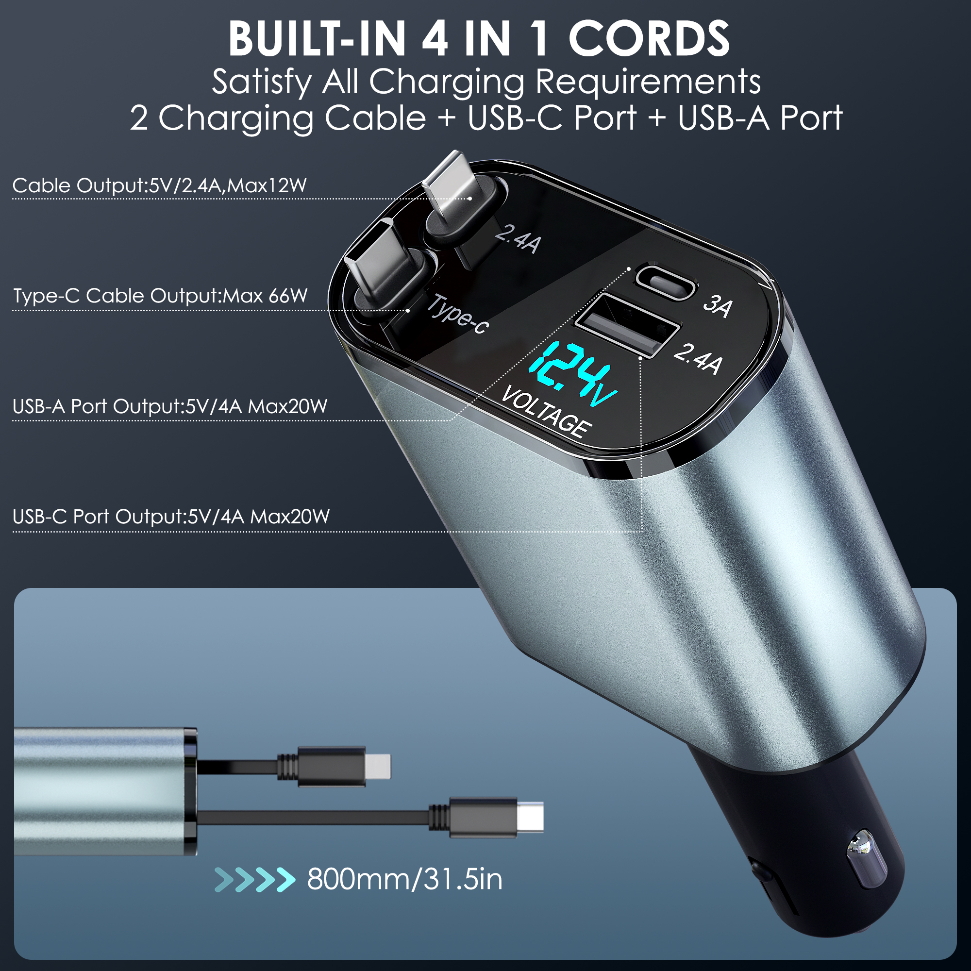 Chargeur Voiture Rapide 66W - 4 Ports USB/USB-C Avec 2 Câbles - Pour Téléphone, Tablette, Voyage
