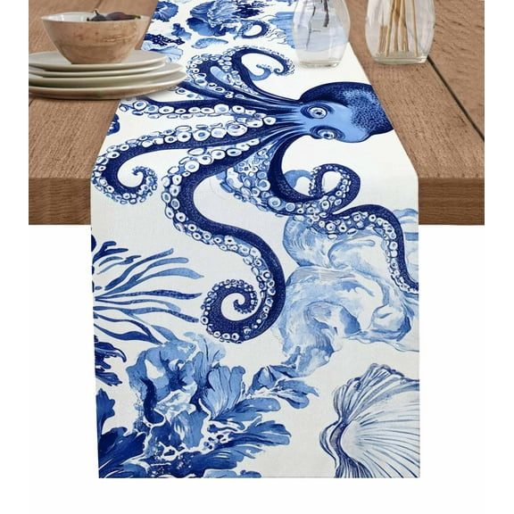 Navy Blue Octopus Coastal Burlap Cotton Table Runner 13x108 Inches Long, Nautical Summer Beach Ocean Farmhouse Table Runners, Outdoor Dining Tablecloths Decor for Baby Shower/Party/Wedding