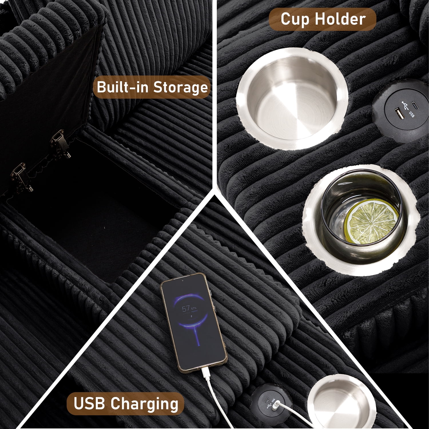 Wiilayok 133" U Shaped Cloud Couch Modular Sectional Couches for Living Room Comfy Corduroy Deep Seat Sofa Set with Double Chaise Lounge, Storage Central Console, Cup Holders, USB Port, Black