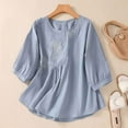 thumbnail image 2 of UVEASISHA Womens Cotton Linen Top 2025 Summer Retro Embroidered Gauze Tops 3/4 Sleeve Dressy Casual Beach Boho Blouse Blue L, 2 of 10