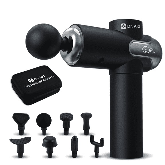 Dr. Aid Massage Gun – Deep Tissue Muscle Massager Gun for Pain Relief, 8 Heads, AI-Powered 9-Speed Smart Levels, Quiet & Powerful Motor, 6-Hour Battery Life, Travel Case Included, Black