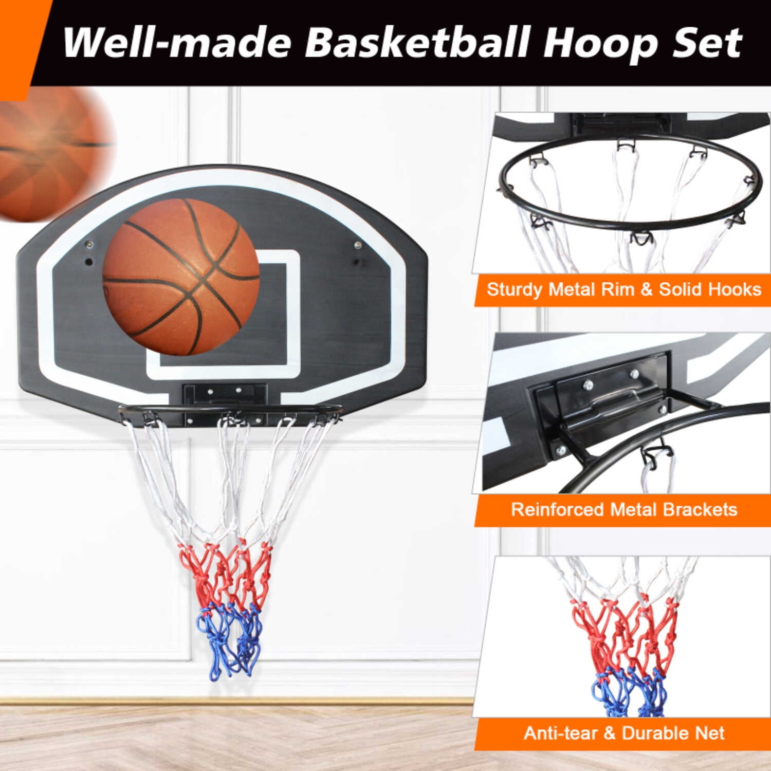 Wall-Mounted Basketball Hoop with Large 28.5"x18" Shatter-Proof Backboard