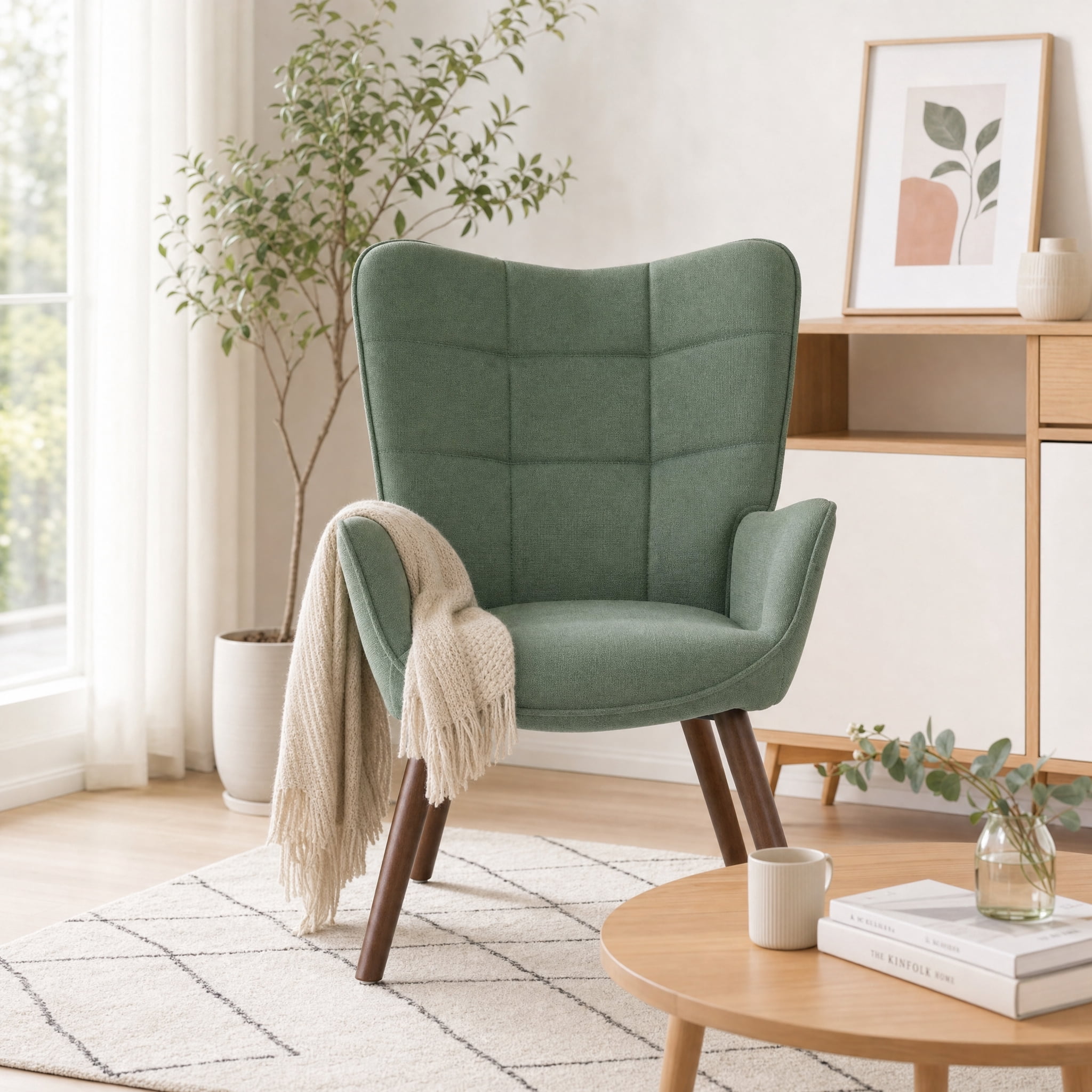 Homy Casa Green Accent Chair, High Back Upholstered Armchair with Walnut Legs for Bedroom
