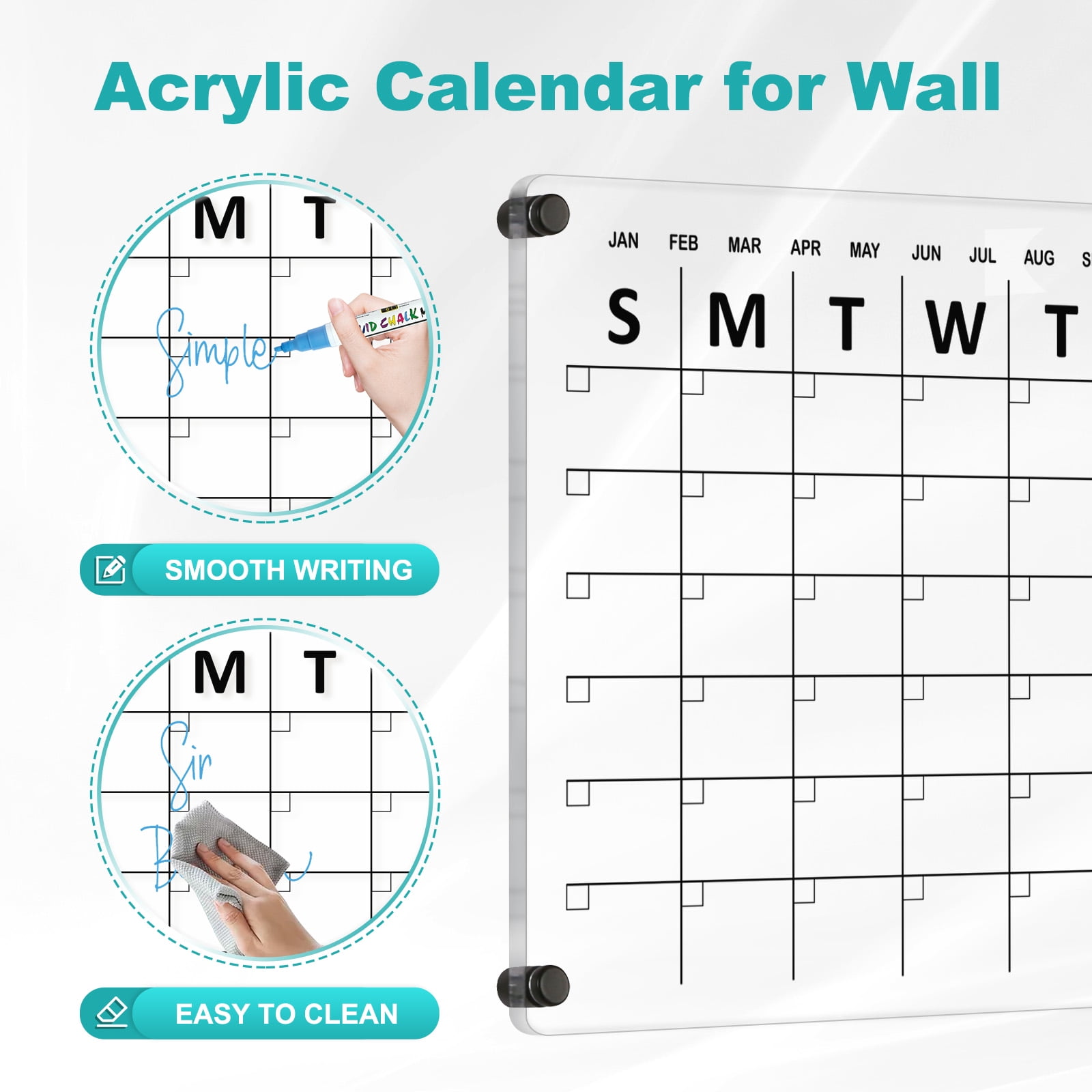 DOLLAR BOSS Large Oversize Crystal Clear Acrylic Wall Calendar Dry & Erase Board 24" X 16" Monthly Family Calendar Home Office Glass Calander Reusable Big Whiteboard with Markers, Black Print