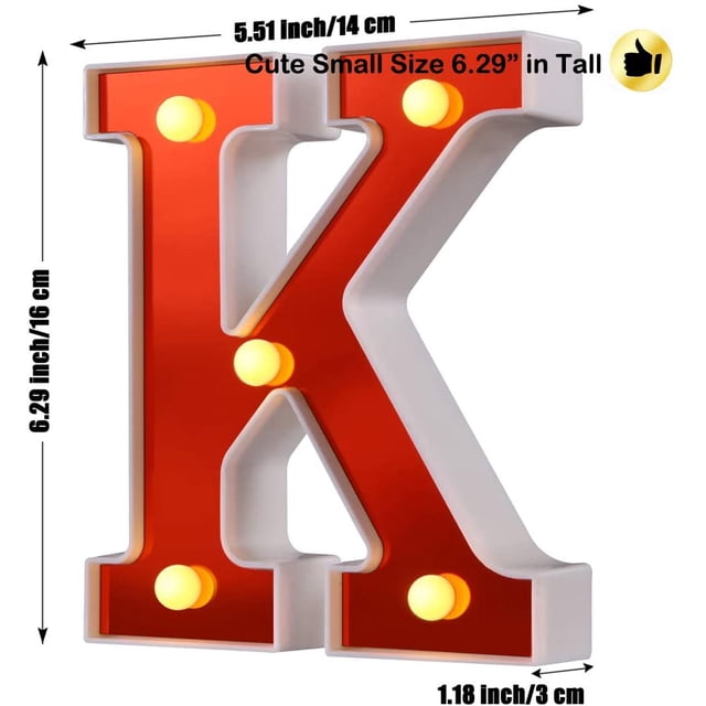K LED Light Up Marquee Letters, Battery Powered Sign Letter 26 Alphabet with Lights for Wedding Engagement Birthday Party Table Decoration bar Christmas Night Home (K)