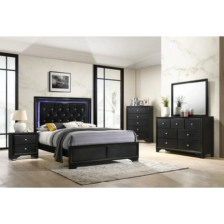5pc Modern Glam Style Full Size Upholstery LED Bed Dresser Mirror Nightstand Set Wooden Bedroom Furniture Black