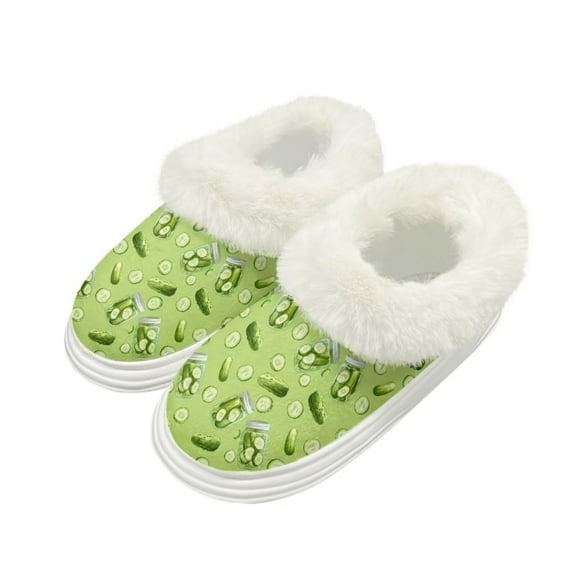 POLERO Green Pickles Print House Slippers for Women Indoor Fleece Lined Women Fuzzy Slippers Winter House Shoes Non-slip Thick Sole, Size 8-9