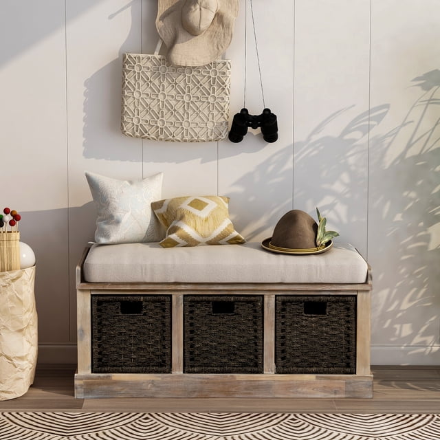Rustic Storage Bench with 3 Removable Classic Rattan Basket , Entryway Bench with Removable Cushion (White Washed)