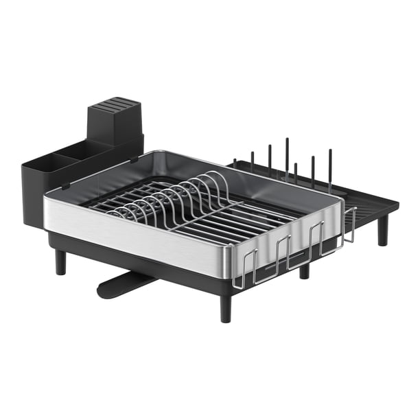SONGMICS Escurreplatos Expandible, Escurreplatos de Cocina de Acero Inoxidable, con Pico Giratorio, para Vasos, Copas, Sostiene Utensilios, Tablas de Picar y Sartenes, Plata y Negro
