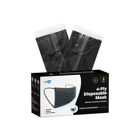 WeCare Disposable Face Mask, 4-Ply with Ear Loop (50 Individually Wrapped) - Black