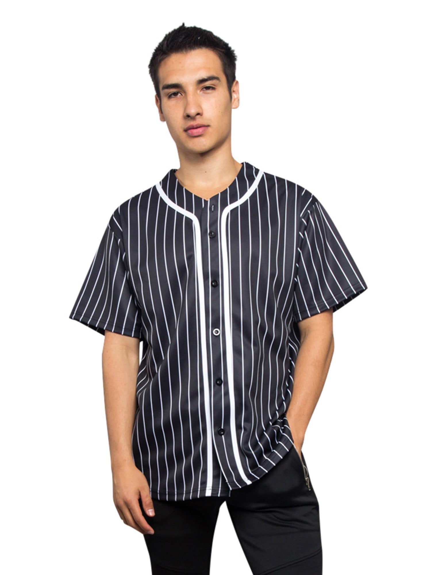 Men's Hipster Hip Hop Button Down Pin Striped Baseball Jersey Short Sleeve  Shirt BJ44 - Black - 5X-Large 
