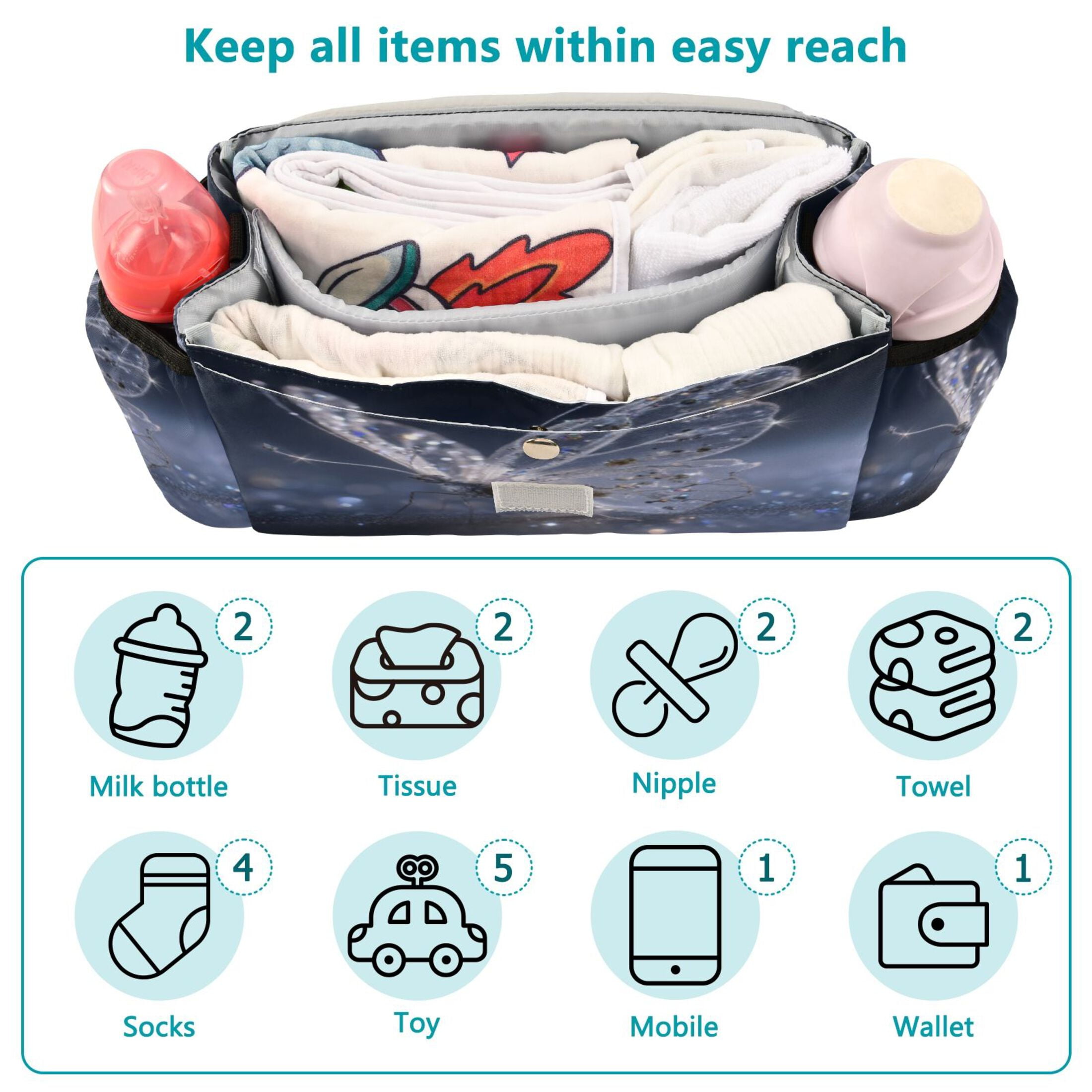 DIXRUYEE Stroller Organizer Glistening Butterfly Printed