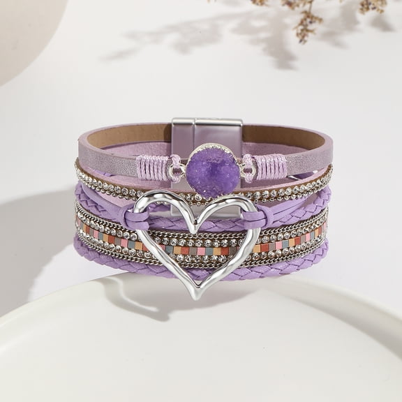 Namzi Multilayer Leather Wrap Bracelet Heart-Shape Wide Cuff Bracelets-Purple