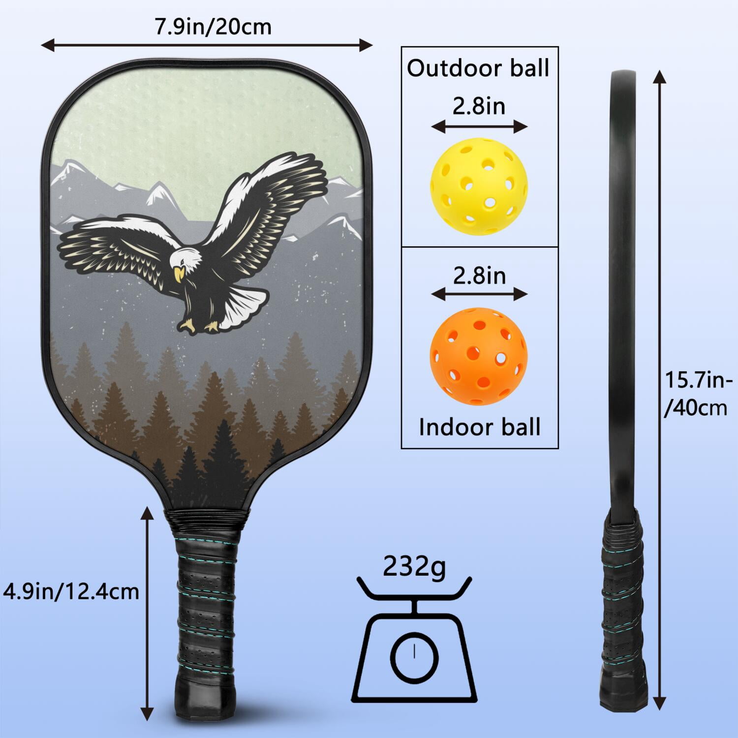Pickleball Paddles Set Of 2, Fiberglass Surface, USA, Independence Day Print, 4 Balls & Bag