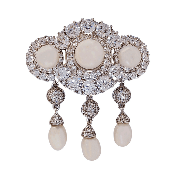 Elegant Silver Tone Micro Pave CZ Trio Pearl Brooch with Triple Teardrop Queen Wedding Jewelry