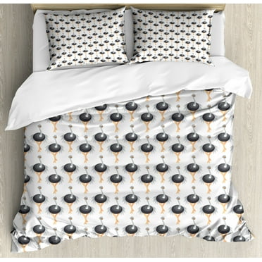Ostrich Duvet Cover Set Queen Size, Cute Female Ostrich Dancing Bird Children Zoo Mammal Safari Cartoon Art, Decorative 3 Piece Bedding Set with 2 Pillow Shams, Dark Blue Grey Peach, by Ambesonne