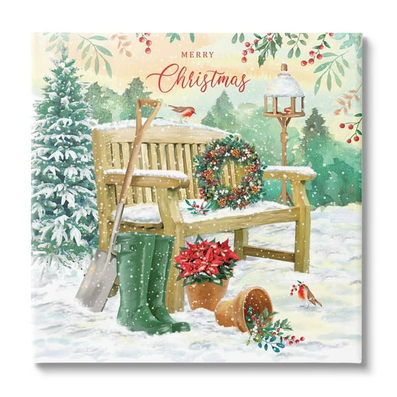 Stupell Industries Merry Christmas Winter Bench Holiday Painting Gallery Wrapped Canvas Print Wall Art