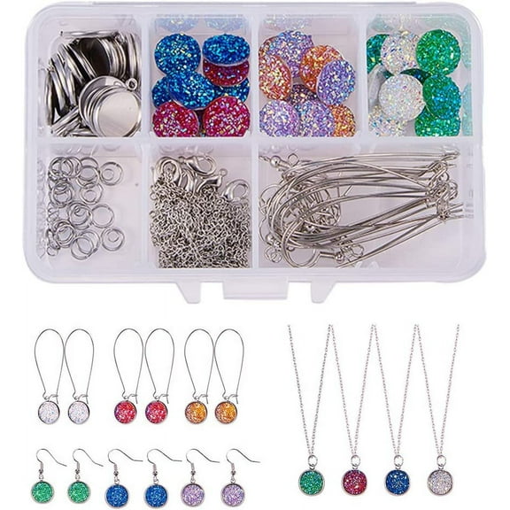 1 Box DIY 14Set Druzy Jewelry Necklace Earrings Making Kit - 24pcs Flat Back Druzy Resin Cabochons 12mm 24pcs Blank Dangle Cabochon Setting Earrings Hooks 2m Chains Instruction Silver DIY
