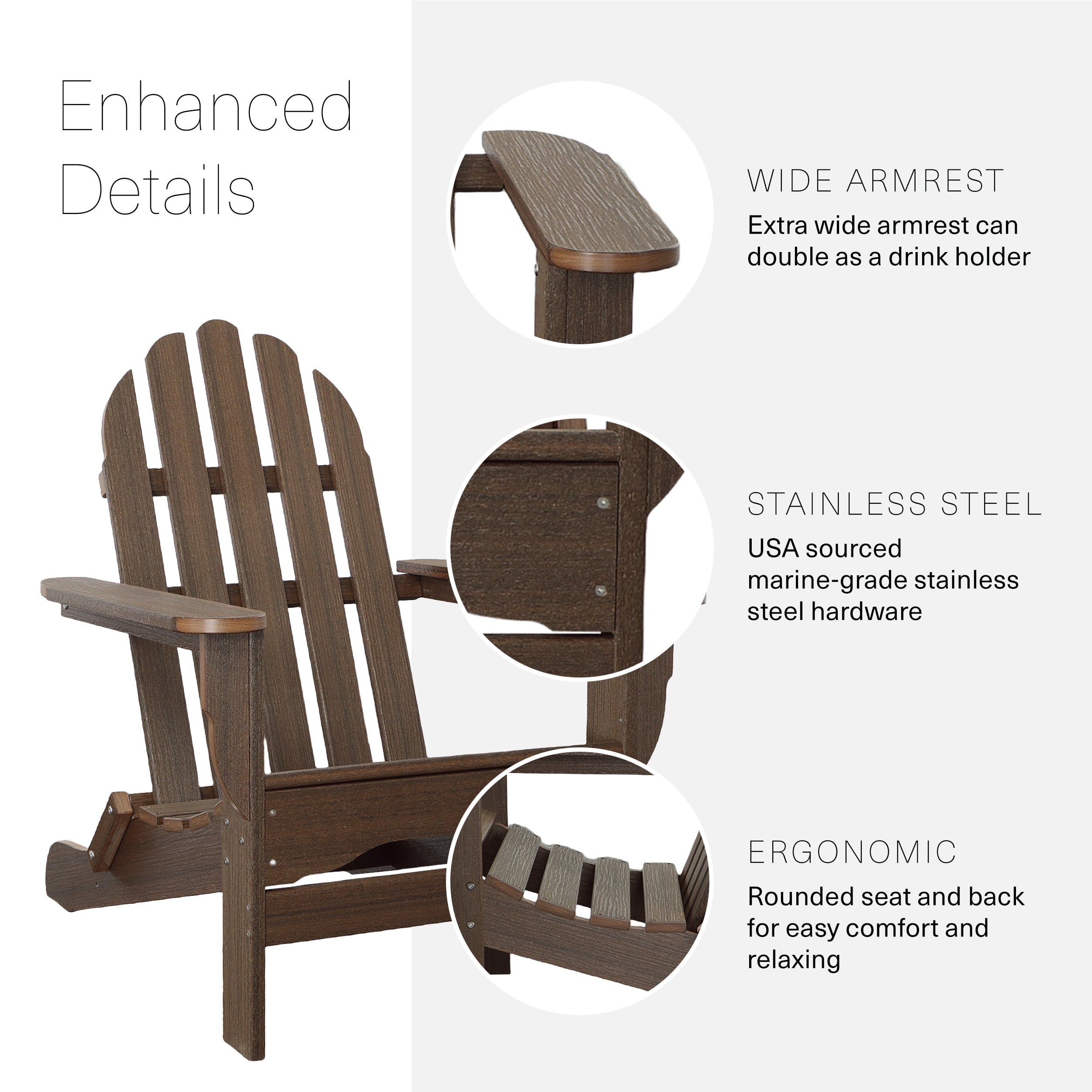 DuroGreen Adirondack Chairs Made With All-Weather Tangent Sustainable Lumber, Set of 4, Oversized, High End Classic Patio Furniture for Porch, Lawn, Deck, or Fire Pit, Brazilian Walnut