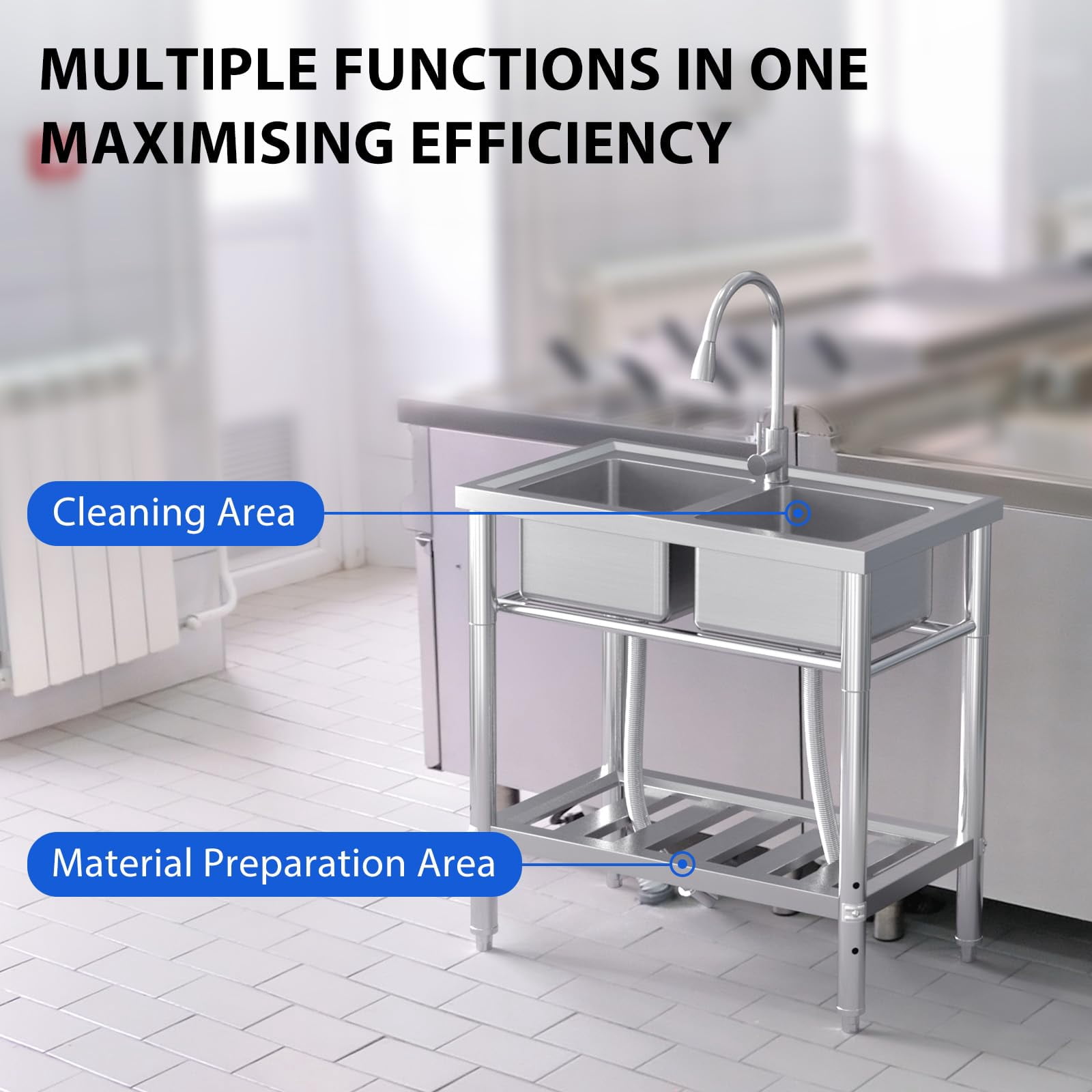Huisuilinss Stainless Steel Utility Sink Free Standing Double Bowl Kitchen Sink Outdoor Camping Utility Sink Includes Faucet For Garage Restaurant Backyard Laundry Bathroom
