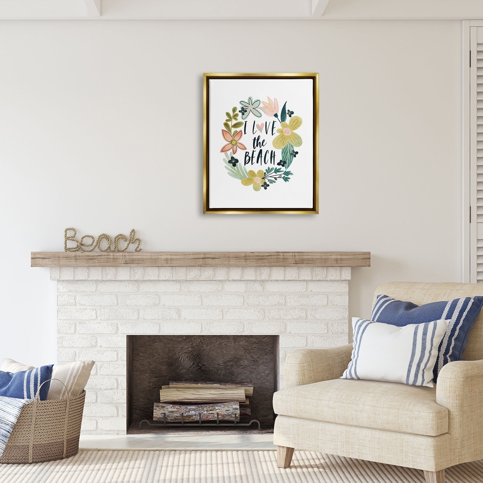Stupell Industries Love the Beach Wreath Botanical & Floral Painting Gold Floater Framed Art Print Wall Art, 25 x 31