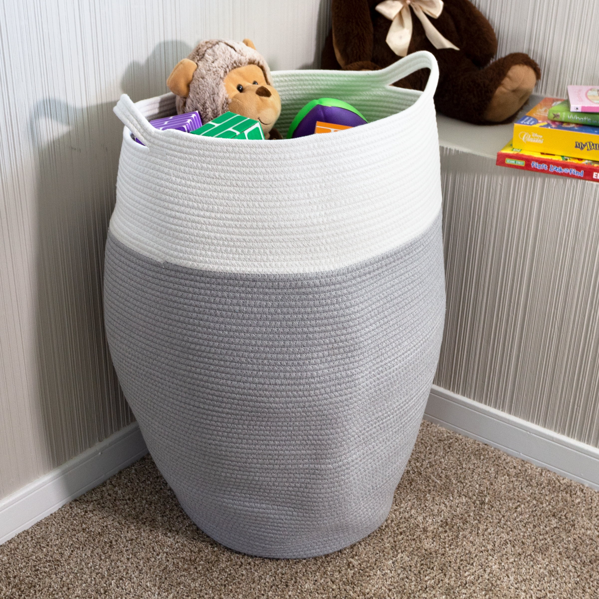 Home-Complete Cotton Rope Laundry Basket with Handles for Adult and Kids, Gray