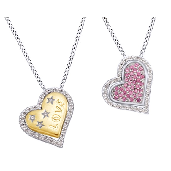 AFFY Simulated Pink Sapphire & White Natural Diamond Accents Heart Pendant Necklace In 14k White Gold