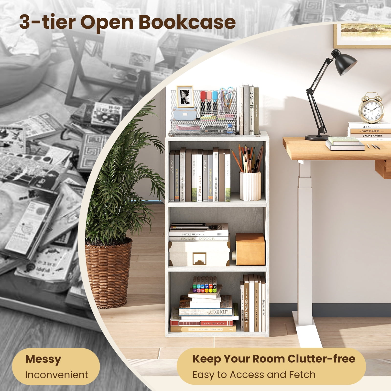 Giantex 3-Cube Bookcase, Floor Standing Open Bookshelf w/7-Position Adjustable Shelves, Modern Display Shelf, White