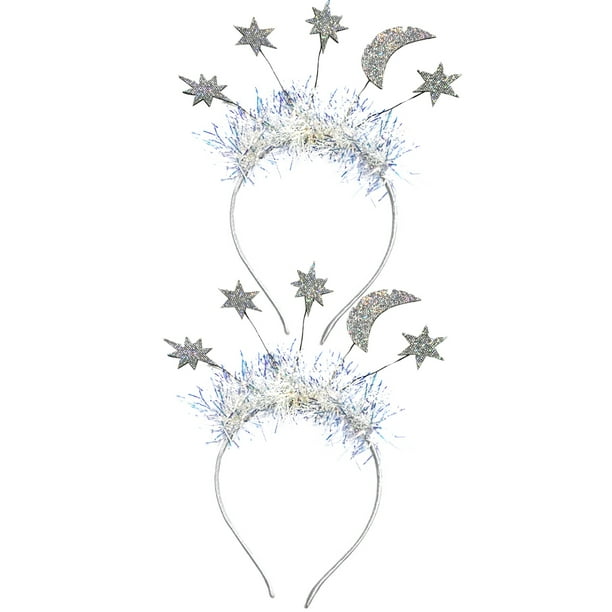 ColoMX 1 juego 2 piezas hermosas diademas navideñas diademas de estrella y luna de año nuevo (plateado)