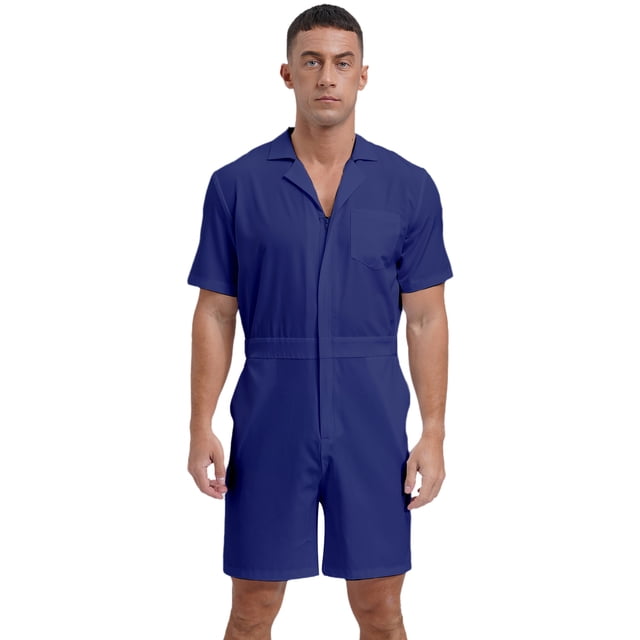 vastwit Mens Rompers Loose Fit Overalls Solid Color Shorts Jumpsuit Front Zip Uniforms Bodysuit Royal Blue XL