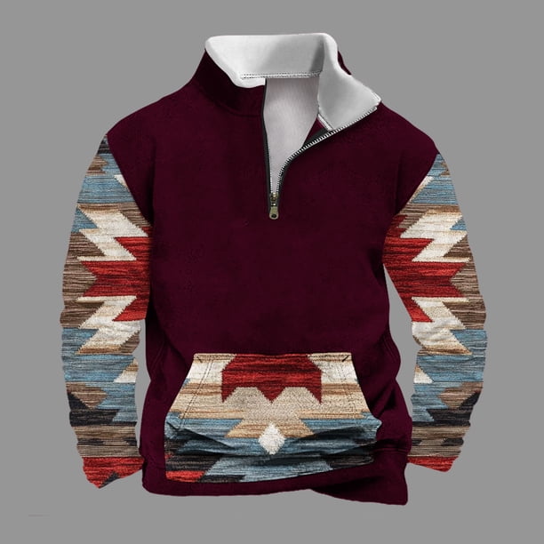 Sudadera sin capucha para hombre, informal, a la moda, con cuello alto, estampado étnico, cremallera, jersey de manga larga, blusa de poliéster para hombre
