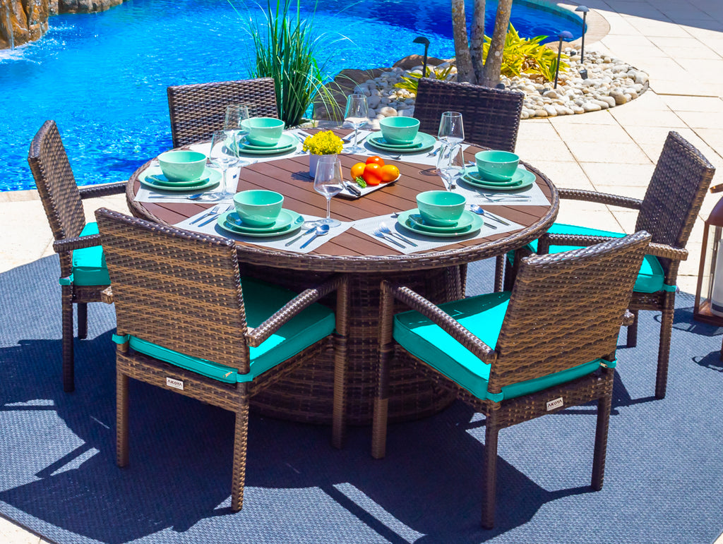 Sorrento 7-Piece Outdoor Patio Furniture Round Dining Table Set in Brown w/ Dining Table and Six Cushioned Chairs (Flat-Weave Brown Wicker, Sunbrella Canvas Aruba) - image 1 of 3