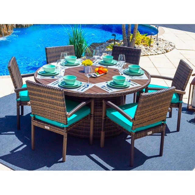 Sorrento 7-Piece Outdoor Patio Furniture Round Dining Table Set in Brown w/ Dining Table and Six Cushioned Chairs (Flat-Weave Brown Wicker, Sunbrella Canvas Aruba)