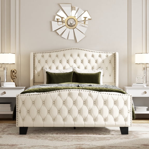 DAIILIO Queen Size Bed Frame with 51-inch Tall Camelback Headboard & Wingback, Deep Button Tufted Footboard with Nailhead Trim, Beige