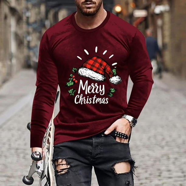 Blusas y camisas de manga larga y cuello redondo para hombre, informales, con estampado navideño, deportivas, de poliéster.