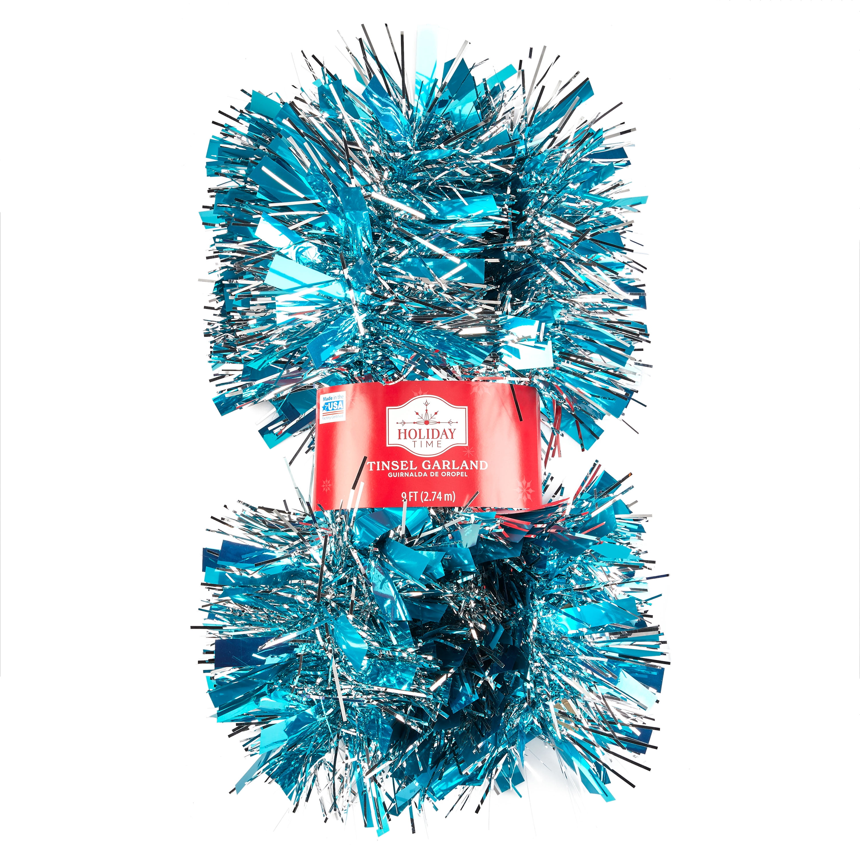 Holiday Time Turquoise and Silver Tinsel Garland, 9'