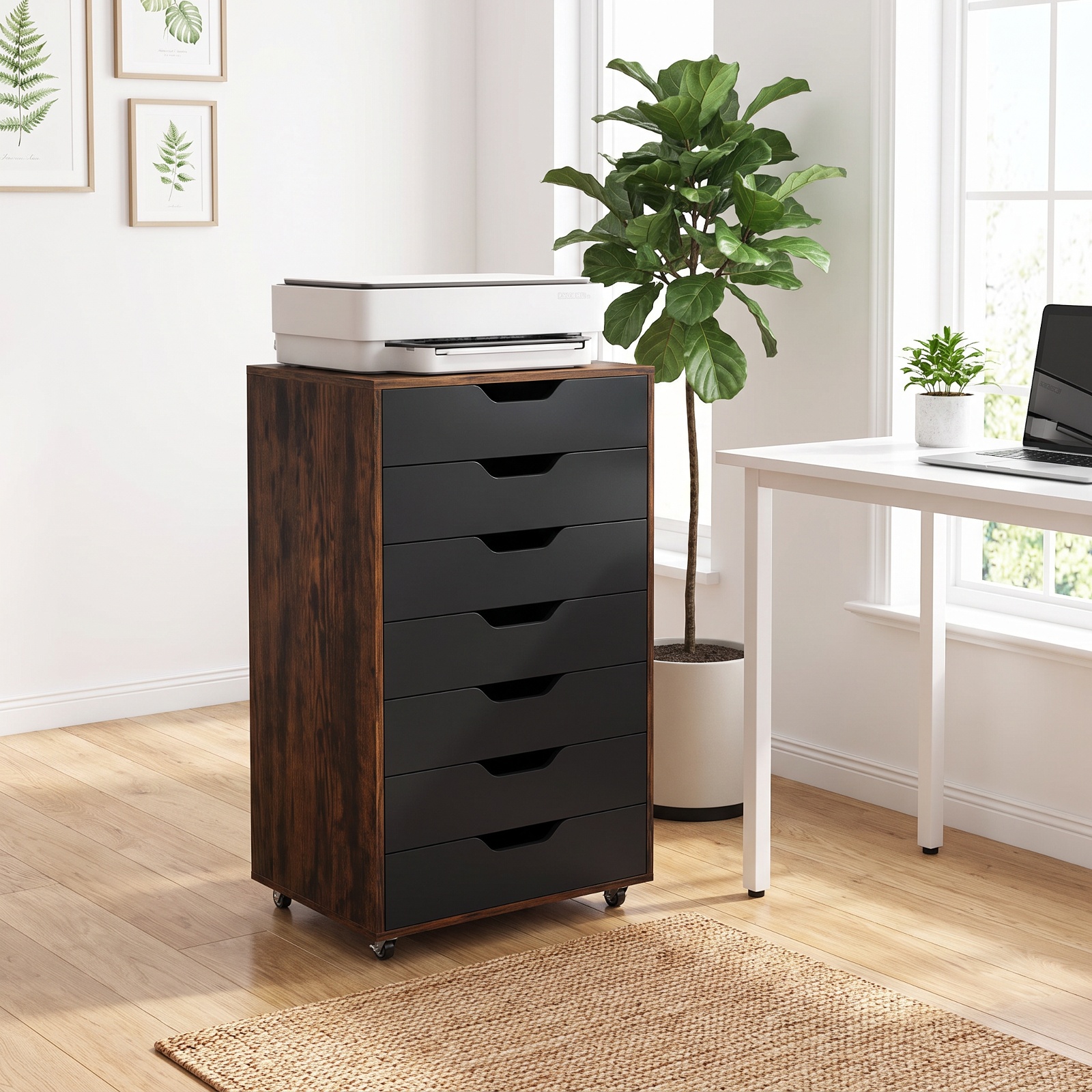 Furnibear 7-Drawer Chest Wooden Storage Dresser with Lockable Wheels for Home Office Filing Document Letter Legal Storage, Rustic Brown