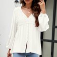 thumbnail image 3 of Women T Shirts Lace Stitching V Neck Long Puff Sleeve Single Breasted Decoration Casual Top White L, 3 of 6