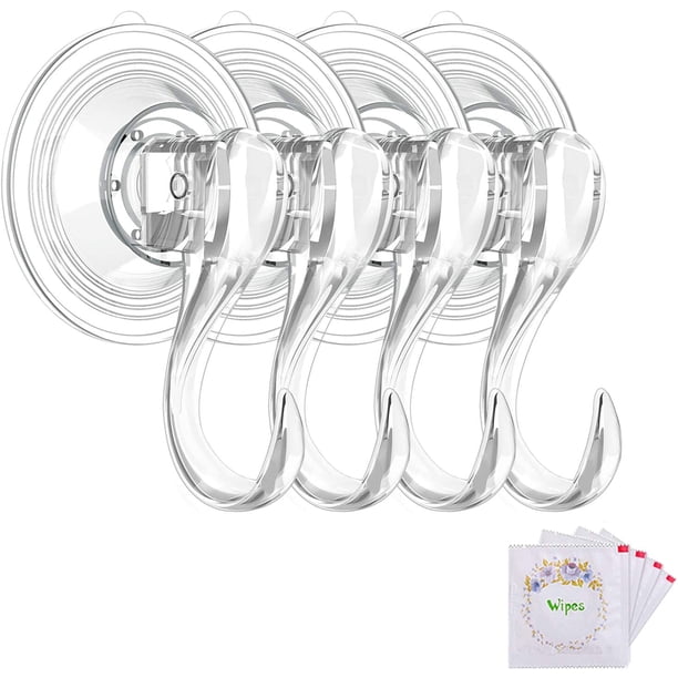 Suction Cup Hooks, Small Clear Reusable Heavy Duty Vacuum Suction Cup Hooks with Cleaning Cloth Strong Window Glass Kitchen Bathroom Hooks for Towel Robe Utensils Christmas Wreath - 4 Packs Ormromra SYN076