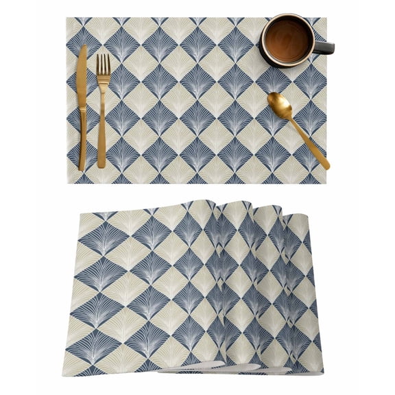 Blue Beige Placemats Set of 6, Modern Contemporary Floral Art Vintage Placemats for Dining Table, Place Mats for Kitchen Tabletop, Waterproof Wipeable Dining Table Mats Set