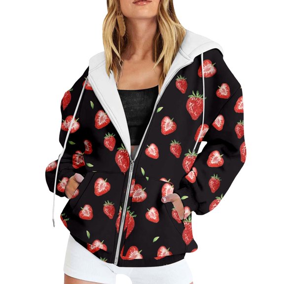 Hoodies for Women Funny Strawberry / Butterfly / Flower Printed Long Sleeve Hooded Pullover Oversized Sweatshirt with Pockets