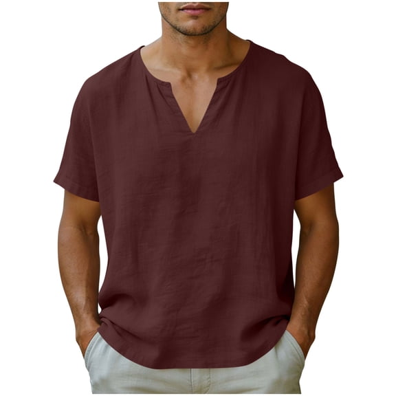 cocolona Mens Linen T-shirts Summer V Neck Short Sleeve Pullover Tops Casual Loose Solid Color Vintage Tees